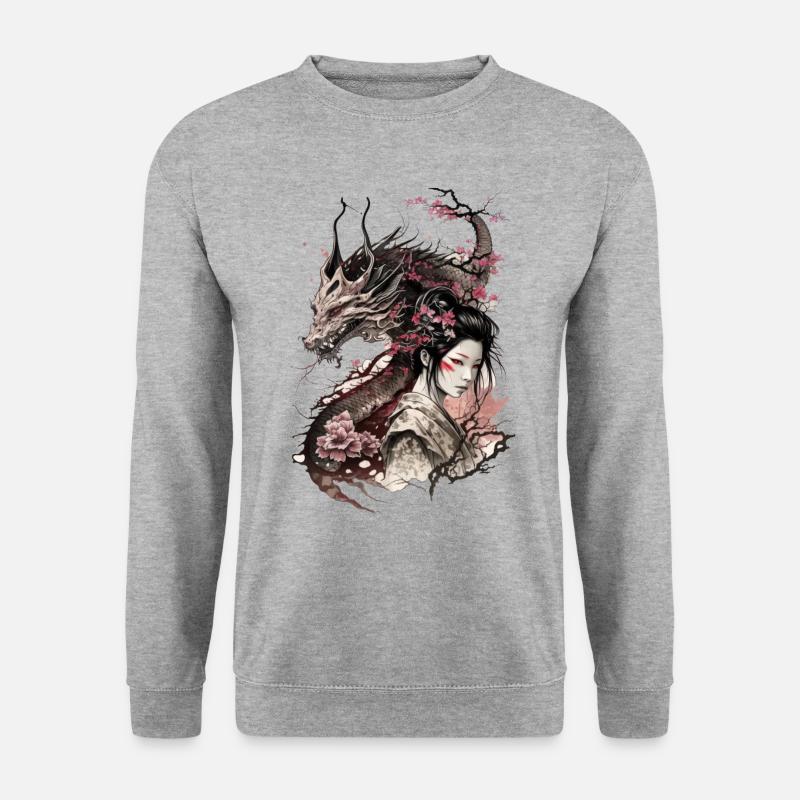 Geisha Japanische Drache Kirschblüte Japan Fantasy - Unisex Pullover - Weißgrau meliert