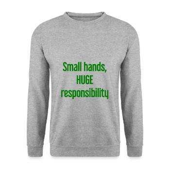 Kleine Hände, riesige Verantwortung Eltern-Spruch - Unisex Pullover - Weißgrau meliert - Vorne - Alina (178cm) & Michal (187cm)