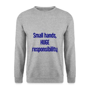 Kleine Hände, riesige Verantwortung Eltern-Spruch - Unisex Pullover - Weißgrau meliert - Vorne - Alina (178cm) & Michal (187cm)