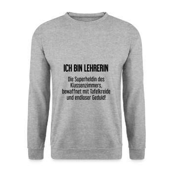 Lehrerin - Die Superheldin des Klassenzimmers! - Unisex Pullover - Weißgrau meliert - Vorne - Alina (178cm) & Michal (187cm)