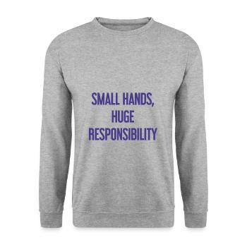 Kleine Hände, riesige Verantwortung Eltern-Spruch - Unisex Pullover - Weißgrau meliert - Vorne - Alina (178cm) & Michal (187cm)