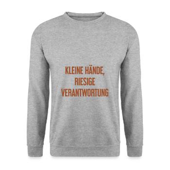 Kleine Hände, riesige Verantwortung Eltern-Spruch - Unisex Pullover - Weißgrau meliert - Vorne - Alina (178cm) & Michal (187cm)