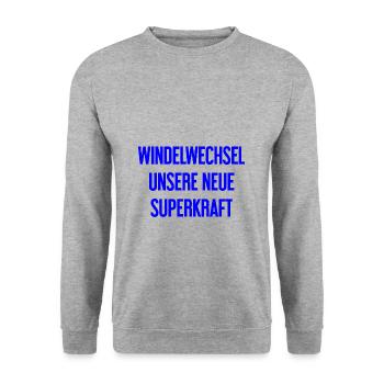 Windelwechsel – unsere neue Superkraft - Unisex Pullover - Weißgrau meliert - Vorne - Alina (178cm) & Michal (187cm)