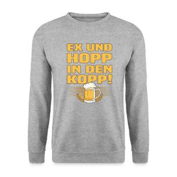 Ex Und Hopp In Den Kopp - Lustiger Bier Spruch - Unisex Pullover - Weißgrau meliert - Vorne - Alina (178cm) & Michal (187cm)