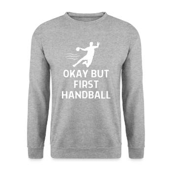 Handball Handballer Spruch Geschenk - Unisex Pullover - Weißgrau meliert - Vorne - Alina (178cm) & Michal (187cm)