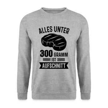 Lustiges Grill BBQ 300 Gramm Steak Spruch - Unisex Pullover - Weißgrau meliert - Vorne - Alina (178cm) & Michal (187cm)
