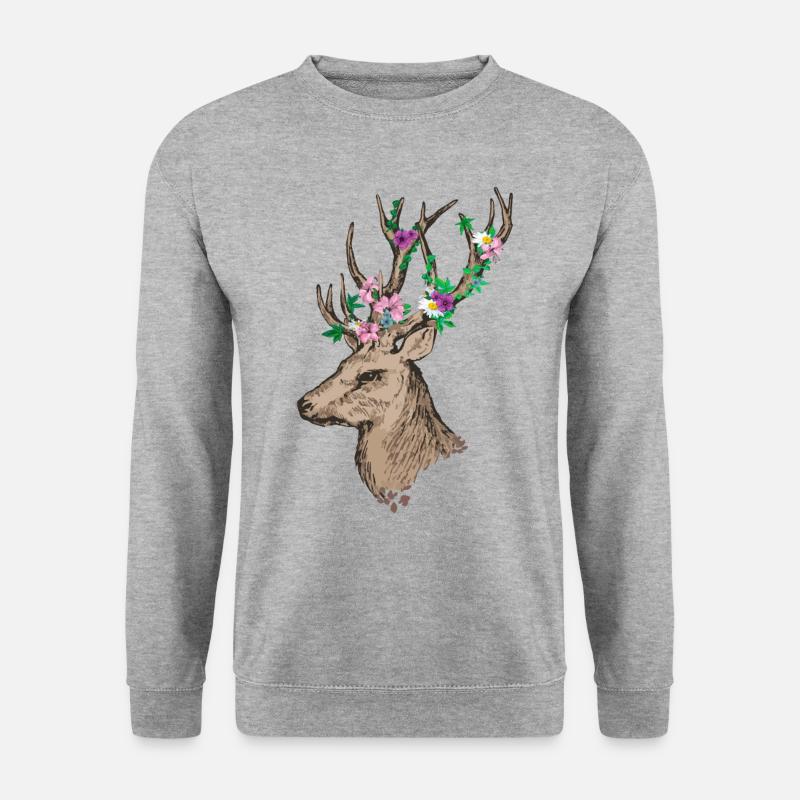 Hirsch mit Blumen - Unisex Pullover - Weißgrau meliert