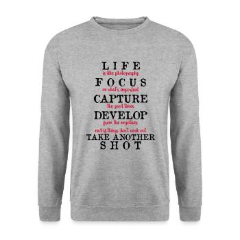 Life is like Photography - kamera - Unisex Pullover - Weißgrau meliert - Vorne - Alina (178cm) & Michal (187cm)