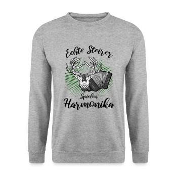 Echte Steirer spielen Harmonika Hirsch Steirische - Unisex Pullover - Weißgrau meliert - Vorne - Alina (178cm) & Michal (187cm)
