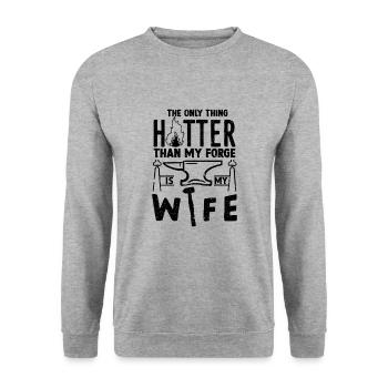 Heißer Als Meine Schmiede - Metallschmied Humor - Unisex Pullover - Weißgrau meliert - Vorne - Alina (178cm) & Michal (187cm)