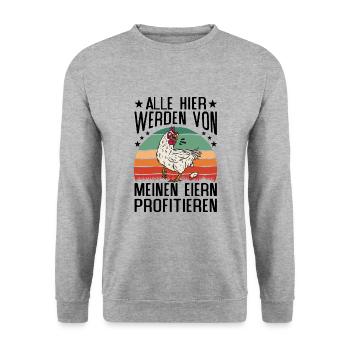Profitiere Von Meinen Eiern - Lustiger Huhn Spruch - Unisex Pullover - Weißgrau meliert - Vorne - Alina (178cm) & Michal (187cm)
