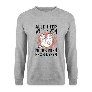 Profitiere Von Meinen Eiern - Lustiger Huhn Spruch - Unisex Pullover - Weißgrau meliert - Vorne - Alina (178cm) & Michal (187cm)