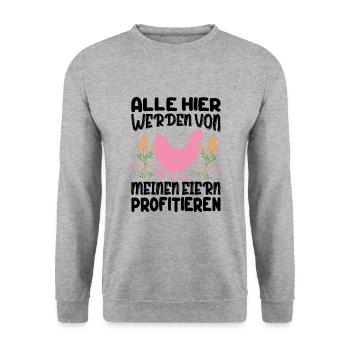 Profitiere Von Meinen Eiern - Lustiger Huhn Spruch - Unisex Pullover - Weißgrau meliert - Vorne - Alina (178cm) & Michal (187cm)
