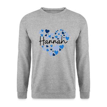 Hannah Namensdesign mit herzförmigen blauen Herzen - Unisex Pullover - Weißgrau meliert - Vorne - Alina (178cm) & Michal (187cm)