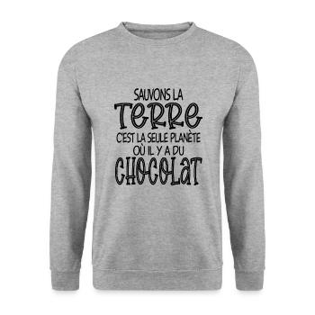 sauvons la terre ou il y a du chocolat - Sweat-shirt Unisexe - gris chiné - Devant - Alina (178cm) & Michal (187cm)