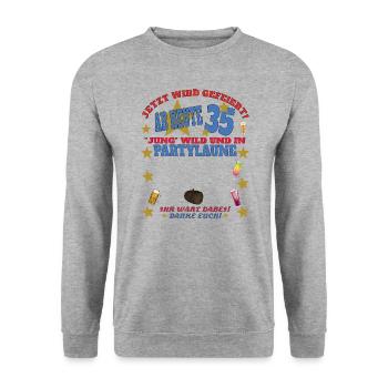 35. Geburtstag Mann und Frau Gästebuch - Unisex Pullover - Weißgrau meliert - Vorne - Alina (178cm) & Michal (187cm)