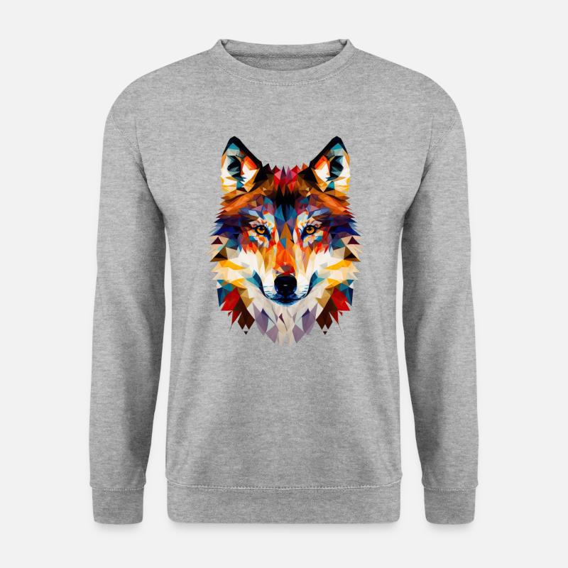 Wolf Gesicht Geometrisch Abstrakt Bunt - Unisex Pullover - Weißgrau meliert