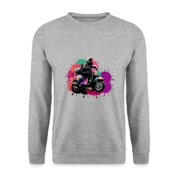 moto, scooter, coloré, peinture, éclaboussure de couleur - Sweat-shirt Unisexe - gris chiné - Devant - Alina (178cm) & Michal (187cm)