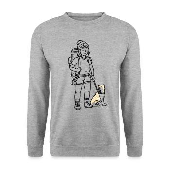 Frau, die mit ihrem Hund mit dem Rucksack unterwegs ist - Unisex Pullover - Weißgrau meliert - Vorne - Alina (178cm) & Michal (187cm)