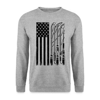 Amerikanische Flagge Angelrute USA Patriot Fischer An - Unisex Pullover - Weißgrau meliert - Vorne - Alina (178cm) & Michal (187cm)