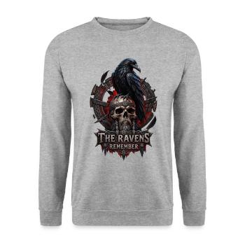 The Ravens Remember – Wikinger Raben Design - Unisex Pullover - Weißgrau meliert - Vorne - Alina (178cm) & Michal (187cm)