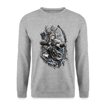 Wikinger Bogenschützin mit Wolf – Noventra - Unisex Pullover - Weißgrau meliert - Vorne - Alina (178cm) & Michal (187cm)