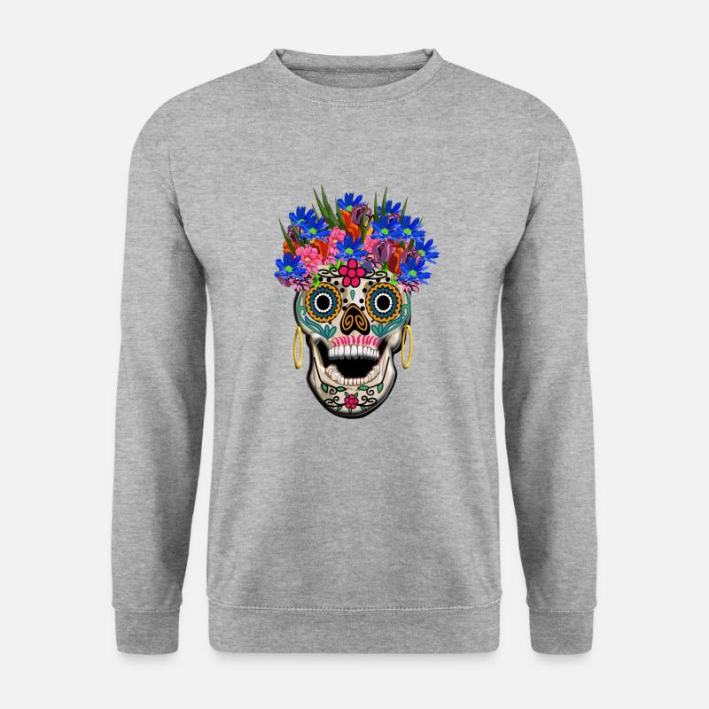 Crâne décoré de fleurs, jour sélénium / Muertos - Sweat-shirt Unisexe - gris chiné