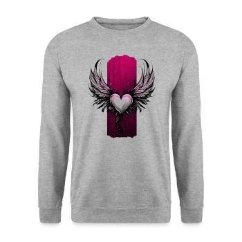 Himmlische Umarmung: Geflügeltes Valentinsherz - Unisex Pullover - Weißgrau meliert - Vorne - Alina (178cm) & Michal (187cm)