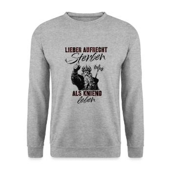 Deutschrock Spruch Vikinger Axt kniend leben - Unisex Pullover - Weißgrau meliert - Vorne - Alina (178cm) & Michal (187cm)