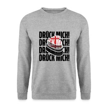 drück mich! Shirt. Lustiger Spruch - Unisex Pullover - Weißgrau meliert - Vorne - Alina (178cm) & Michal (187cm)