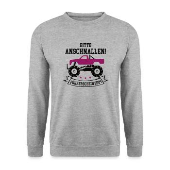 Bitte Anschnallen Auto Führerschein 2024 Bestanden - Unisex Pullover - Weißgrau meliert - Vorne - Alina (178cm) & Michal (187cm)