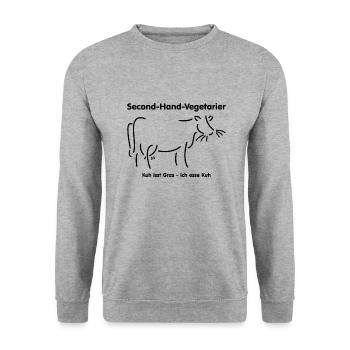 Second Hand Yegetarier, Kuh isst Gras ich esse Kuh - Unisex Pullover - Weißgrau meliert - Vorne - Alina (178cm) & Michal (187cm)