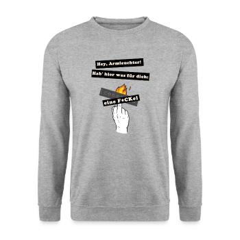 hier eine F*Ckel für dich! (schwarz auf weiß) - Unisex Pullover - Weißgrau meliert - Vorne - Alina (178cm) & Michal (187cm)