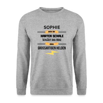 Sophie unter harte Schale eines Großartigen Helden - Unisex Pullover - Weißgrau meliert - Vorne - Alina (178cm) & Michal (187cm)