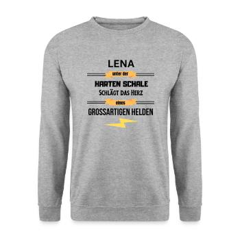Lena unter harte Schale eines Großartigen Helden - Unisex Pullover - Weißgrau meliert - Vorne - Alina (178cm) & Michal (187cm)
