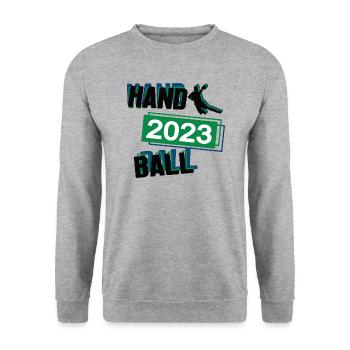 Handball 2023 Handballer Handballspiel Ballsport - Unisex Pullover - Weißgrau meliert - Vorne - Alina (178cm) & Michal (187cm)