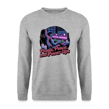 Pixels, Peace & Power-Ups – Gaming Setup - Unisex Sweatshirt - salt & pepper - Front - Alina (178cm) & Michal (187cm)