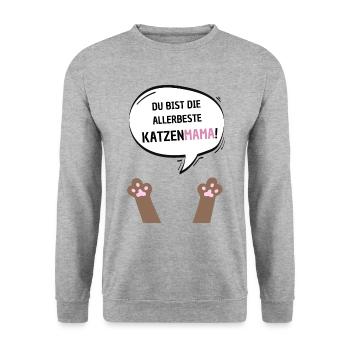 Du bist die beste Katzenmama braun - Unisex Pullover - Weißgrau meliert - Vorne - Alina (178cm) & Michal (187cm)