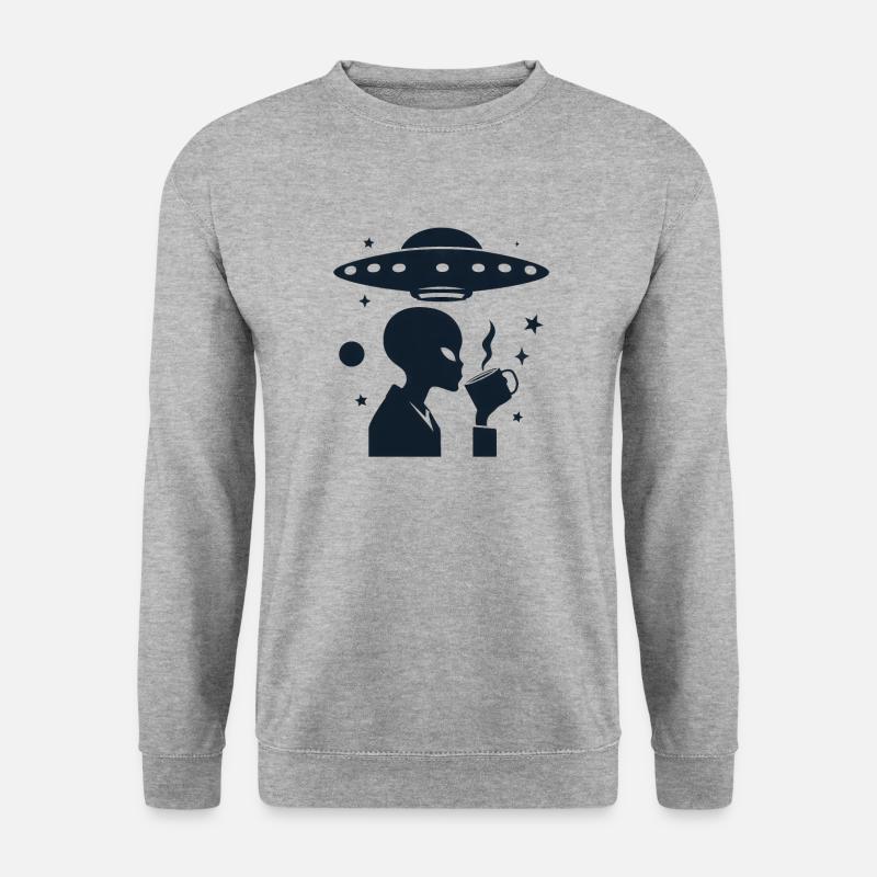 Alien-Silhouette mit Kaffee & UFO - Unisex Pullover - Weißgrau meliert