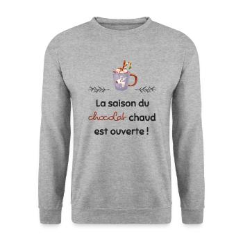 La saison du chocolat chaud est ouverte | Cadeau - Sweat-shirt Unisexe - gris chiné - Devant - Alina (178cm) & Michal (187cm)