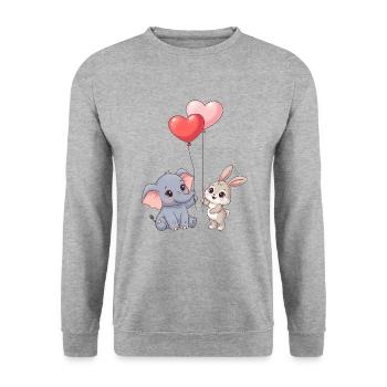 Süße Tierliebe: Elefant & Hase Herzballon - Unisex Pullover - Weißgrau meliert - Vorne - Alina (178cm) & Michal (187cm)