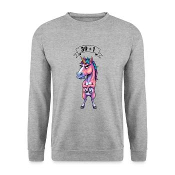 40. Geburtstag Geschenk – 39 + 1 Einhorn - Unisex Pullover - Weißgrau meliert - Vorne - Alina (178cm) & Michal (187cm)