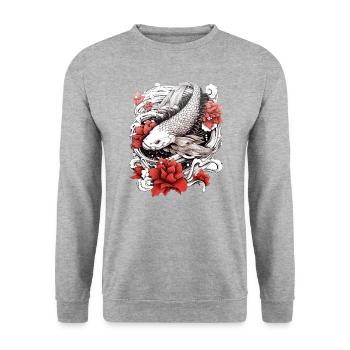 Koi Fisch mit Blüten | Japanisches Design - Unisex Pullover - Weißgrau meliert - Vorne - Alina (178cm) & Michal (187cm)