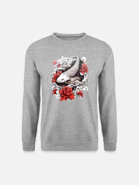 Koi Fisch mit Blüten | Japanisches Design - Unisex Pullover - Weißgrau meliert
