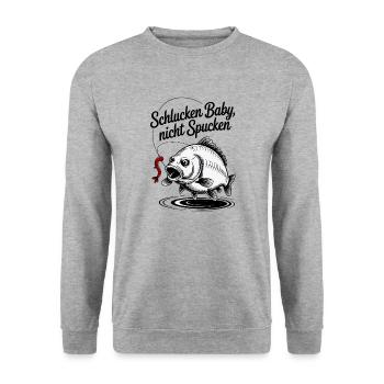 Schlucken Baby – nicht Spucken - Unisex Pullover - Weißgrau meliert - Vorne - Alina (178cm) & Michal (187cm)