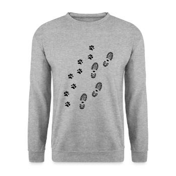 Shoe print and paw print, hiking with dog - Unisex Sweatshirt - salt & pepper - Front - Alina (178cm) & Michal (187cm)