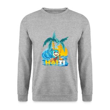 Insel Haiti weißer Hai mit Ukulele, Gitarrenhai - Unisex Pullover - Weißgrau meliert - Vorne - Alina (178cm) & Michal (187cm)