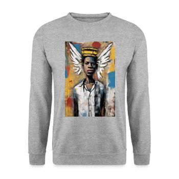 "Der geflügelte Prinz" - Unisex Pullover - Weißgrau meliert - Vorne - Alina (178cm) & Michal (187cm)