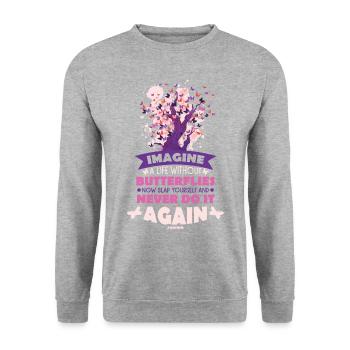 Imagine A Life Without Butterflies - Unisex Pullover - Weißgrau meliert - Vorne - Alina (178cm) & Michal (187cm)