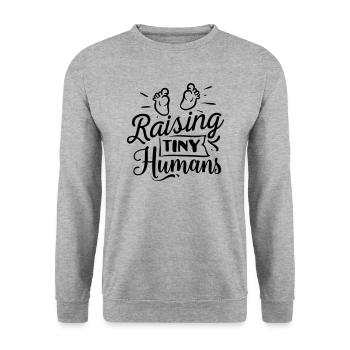 Kleine Menschen großziehen - Unisex Pullover - Weißgrau meliert - Vorne - Alina (178cm) & Michal (187cm)